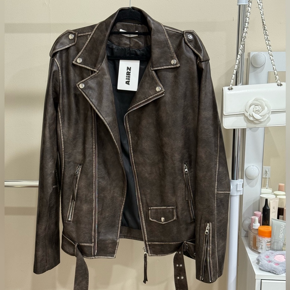 AIIRZ Moto Jacket Faux Leather Distressed Brown S NWT